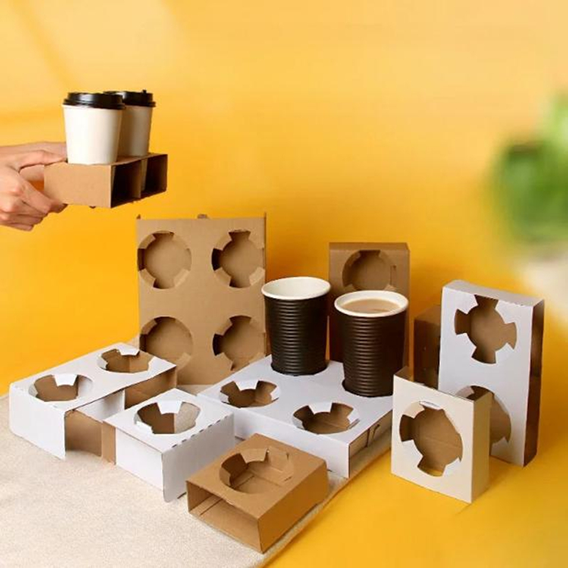 Disposable Carry Out Cup Tray Holder Kraft Corrugated Coffee Cup Holder   